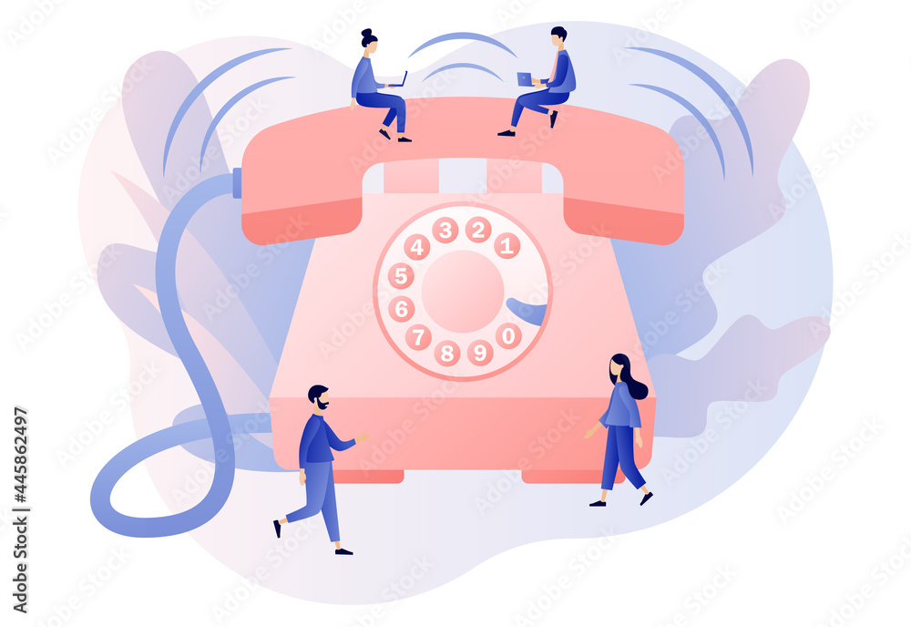 Phone Call. Big retro phone and tiny people. Incoming call concept. Communication device. Modern flat cartoon style. Vector illustration on white background