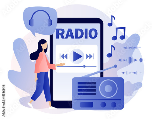 Radio On-air in smartphone app. Tiny people listening boombox, audio, music, talk show, interviews of guest online. Retro old radio. Modern flat cartoon style. Vector illustration on white background