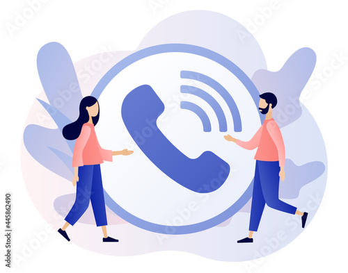 Phone Call. Big Accept Button. Tiny people receive incoming call. Communication concept. Modern flat cartoon style. Vector illustration on white background