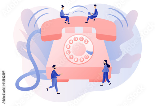 Phone Call. Big retro phone and tiny people. Incoming call concept. Communication device. Modern flat cartoon style. Vector illustration on white background