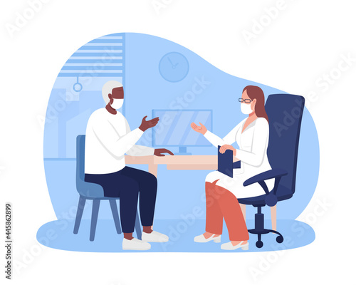 Personal physician appointment 2D vector isolated illustration. Receiving healthcare service flat characters on cartoon background. Discussing personal matters with doctor colourful scene