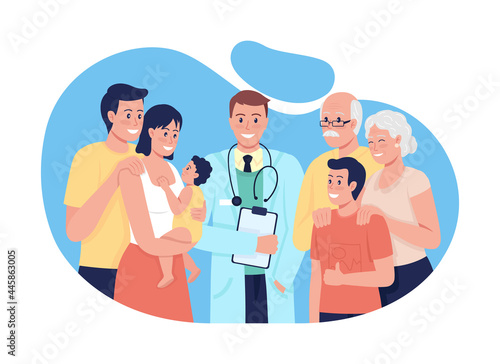 General medical treatment for people all ages 2D vector isolated illustration. Providing health care for entire family flat characters on cartoon background. Comprehensive healthcare colourful scene