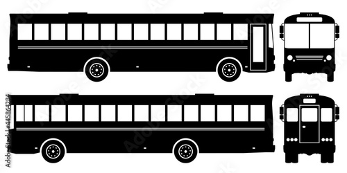 Bus silhouette on white background. Vehicle icons set view from side, front and back