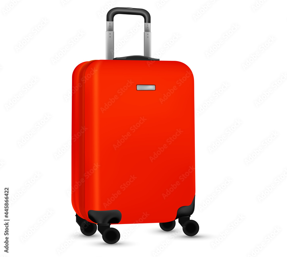 Suitcase isolated on white. Set of Red travel baggage bag or plastic luggage on white background. Summer vacation and product advertisement concept. Suitcase isolated on white. Set of Red travel baggage bag or plastic luggage on white background. Summer vacation and product advertisement concept.