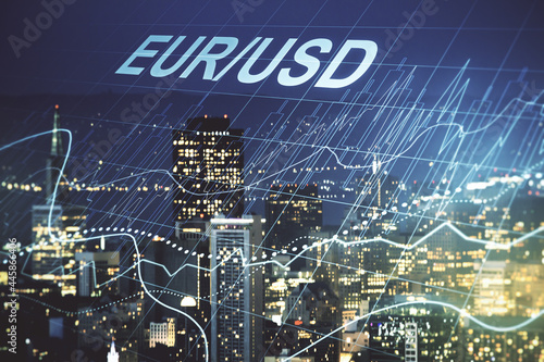 Abstract virtual EURO USD financial chart illustration on San Francisco skyline background. Trading and currency concept. Multiexposure