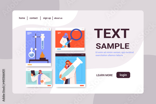 arab researchers working with test tubes in web browser windows scientists making chemical experiments in lab