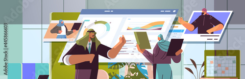 arab businesspeople analyzing financial statistic data with colleagues during video call online communication teamwork