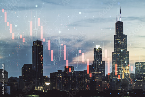 Abstract virtual crisis chart illustration on Chicago skyline background. Global crisis and bankruptcy concept. Multiexposure