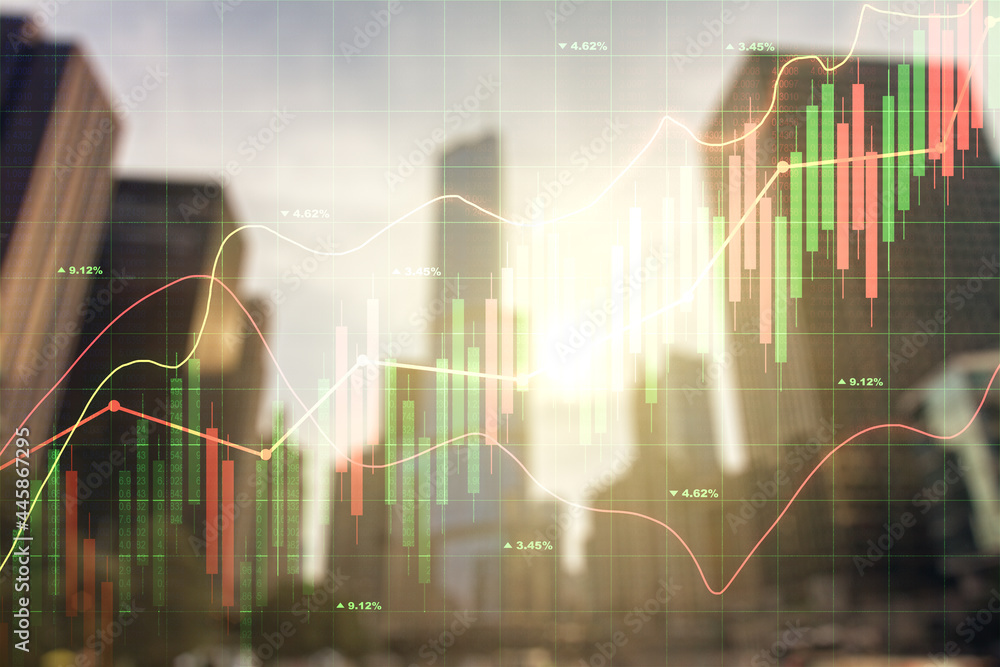 Multi exposure of abstract financial graph on office buildings background, financial and trading concept Multi exposure of abstract financial graph on office buildings background, financial and trading concept