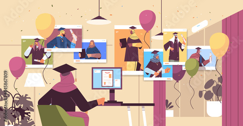 arab graduated students in web browser windows arabic graduates celebrating academic diploma degree
