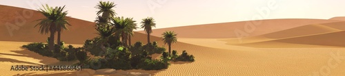 Oasis at sunset in a sandy desert  a panorama of the desert with palm trees  3d rendering