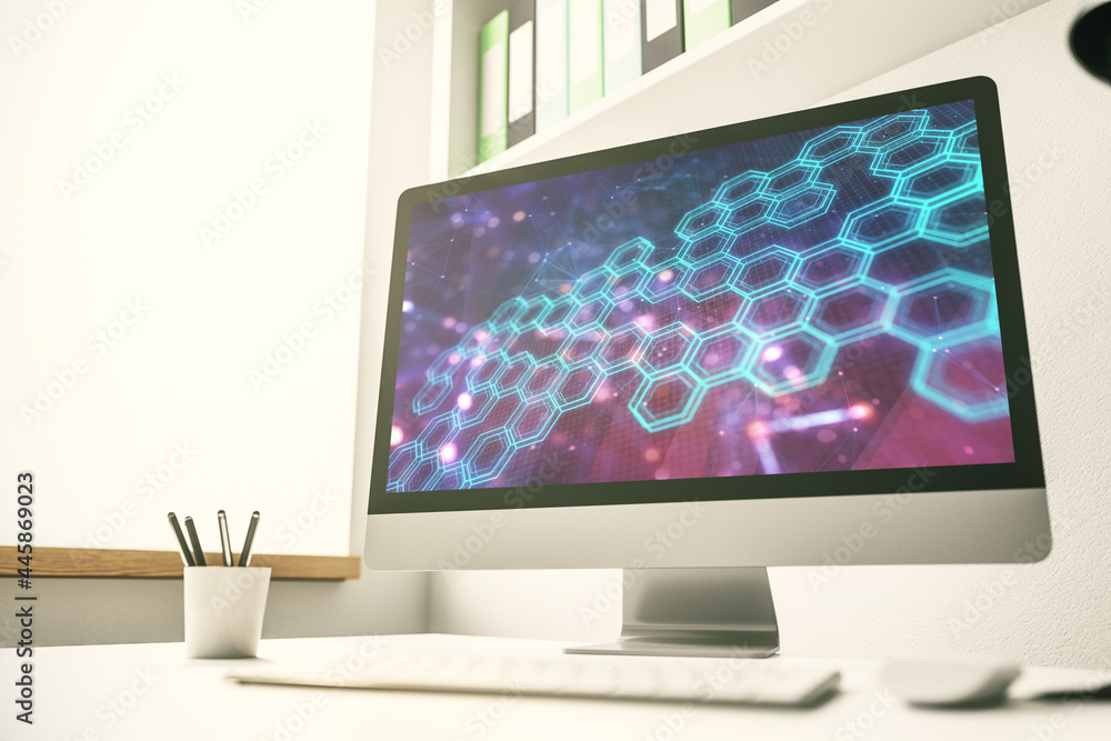Modern computer monitor with technology hologram with hexagon. Research and development software concept. 3D Rendering Modern computer monitor with technology hologram with hexagon. Research and development software concept. 3D Rendering