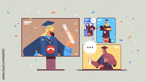 arab graduated students discussing during video call graduates celebrating academic diploma degree