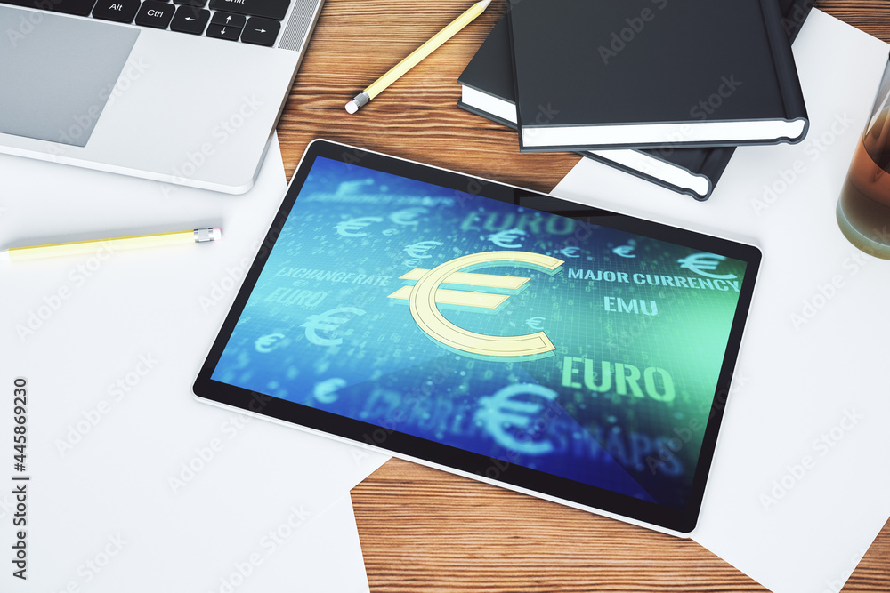 Creative EURO symbols sketch on modern digital tablet screen, strategy and forecast concept. Top view. 3D Rendering Creative EURO symbols sketch on modern digital tablet screen, strategy and forecast concept. Top view. 3D Rendering