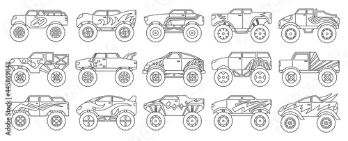 Monster truck isolated outline set icon. Vector outline set icon car. Vector illustration monster truck on white background.