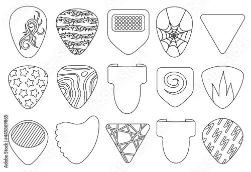 Pick of guitar isolated outline set icon. Vector outline set icon plectrum. Vector illustration electric pick of guitar on white background.