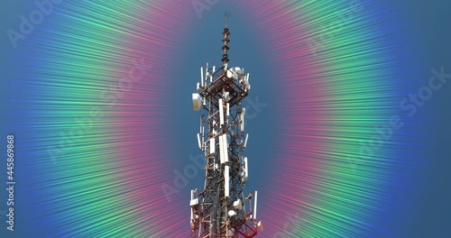 Electromagnetic radiation from big cell tower, frequency spectrum. Antennas of mobile phone communication, television, internet, radio. Communication tower antenna on blue background. Cinema 4K video photo