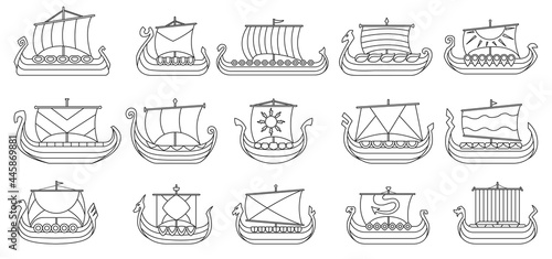 Ship of viking vector outline set icon. Vector illustration ancient boat on white background. Isolated outline set icon ship of viking.