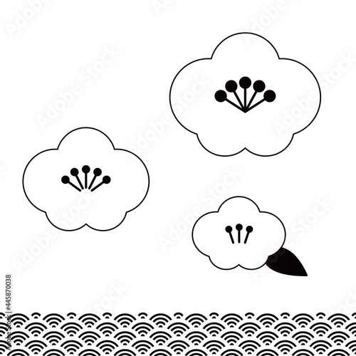 シンプルな梅の花と和柄。白地に黒い線のベクターイラスト。年賀状素材。
