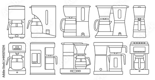 Coffee maker outline set icon. Isolated outline set icon machine for cafe. Vector illustration coffee maker on white background .