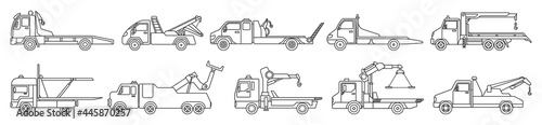 Truck tow isolated outline set icon. Vector illustration evacuator on white background. Vector outline set icon truck tow.