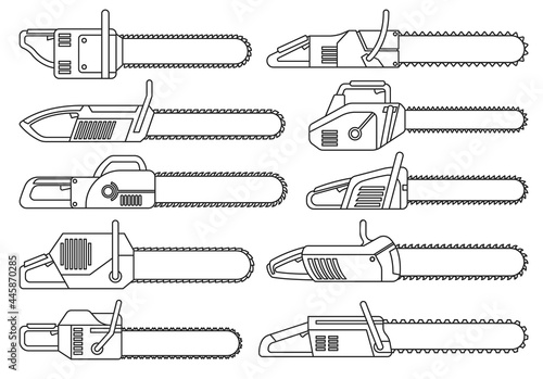 Chainsaw of chain vector outline set icon.Vector illustration gasoline saw on white background . Isolated outline set icon chainsaw of chain. photo