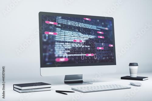 Modern computer screen with abstract graphic coding sketch, big data and networking concept. 3D Rendering