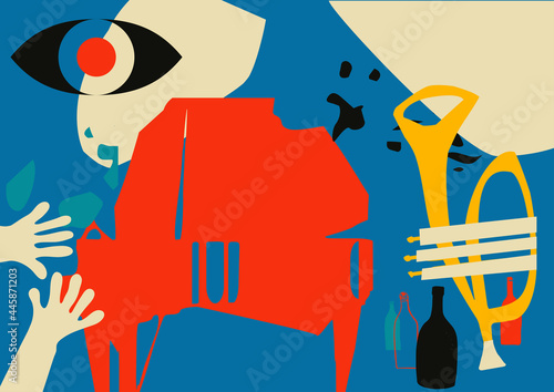 Musical promotional poster with musical instruments colorful vector illustration. Piano and trumpet for live concert events, jazz music festivals and shows, party flyer