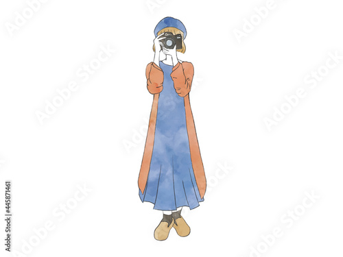 秋・冬にカメラを撮る女子　全身