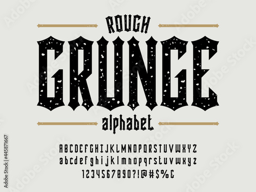 Vintage medieval style alphabet design with uppercase, lowercase, numbers and symbols