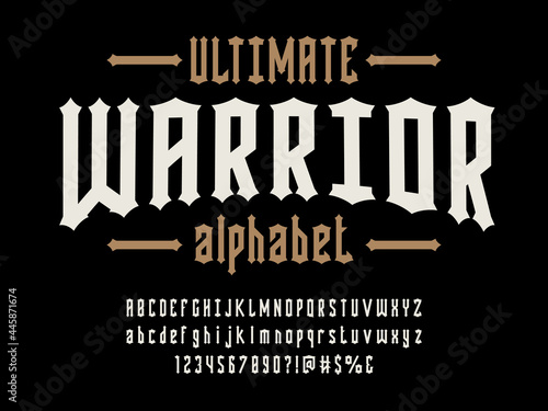 Vintage medieval style alphabet design with uppercase, lowercase, numbers and symbols
