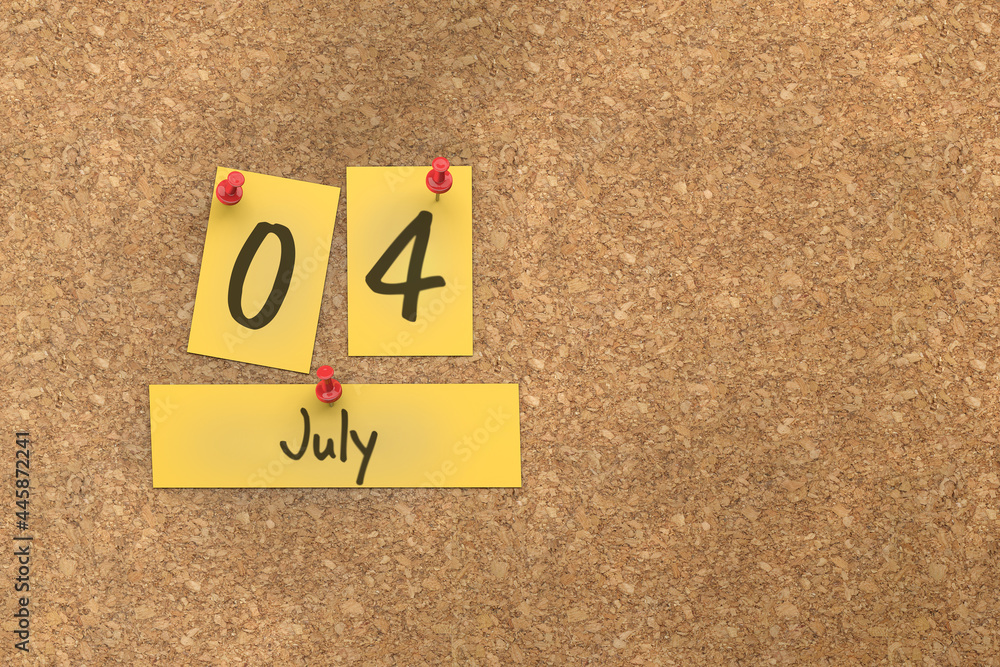 3d rendering of important days concept. July 4th. Day 4 of month. The date written on yellow papers is pinned to the cork board. Summer month, day of the year. Remind you an important event. 3d rendering of important days concept. July 4th. Day 4 of month. The date written on yellow papers is pinned to the cork board. Summer month, day of the year. Remind you an important event.