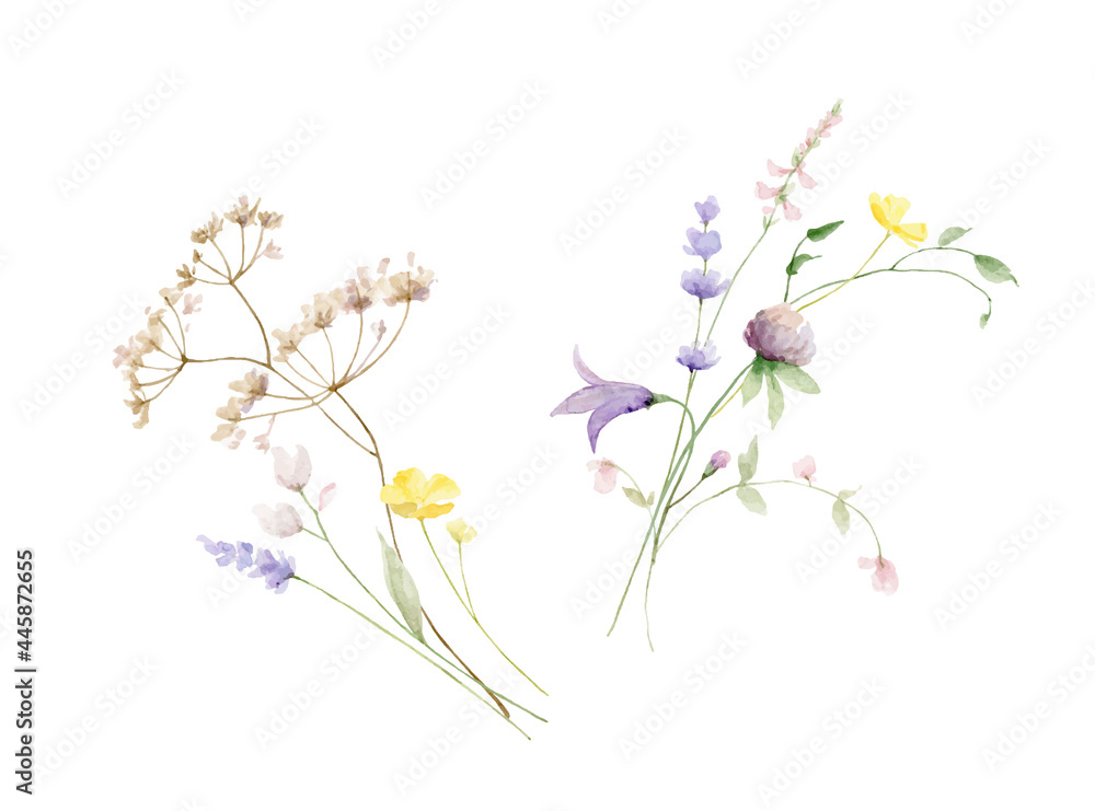 Watercolor vector card with wildflower flowers and leaves.