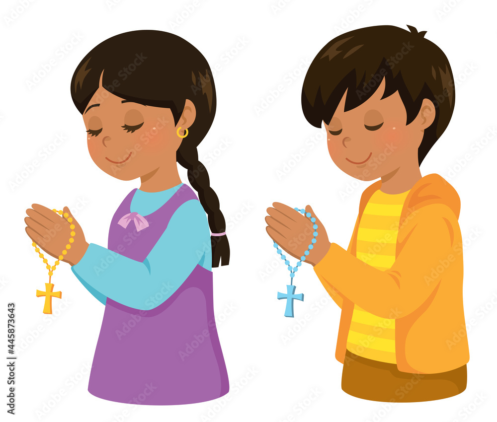 Christian Hispanic kids praying with a rosary cross. Christian Hispanic kids praying with a rosary cross.