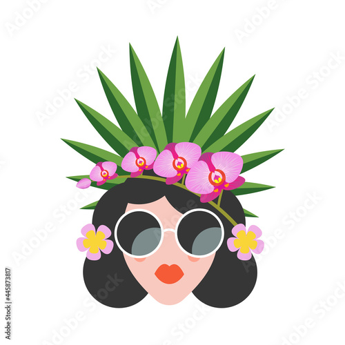 Hello, summer. A beautiful girl with a hairstyle decorated with exotic flowers and fruits.