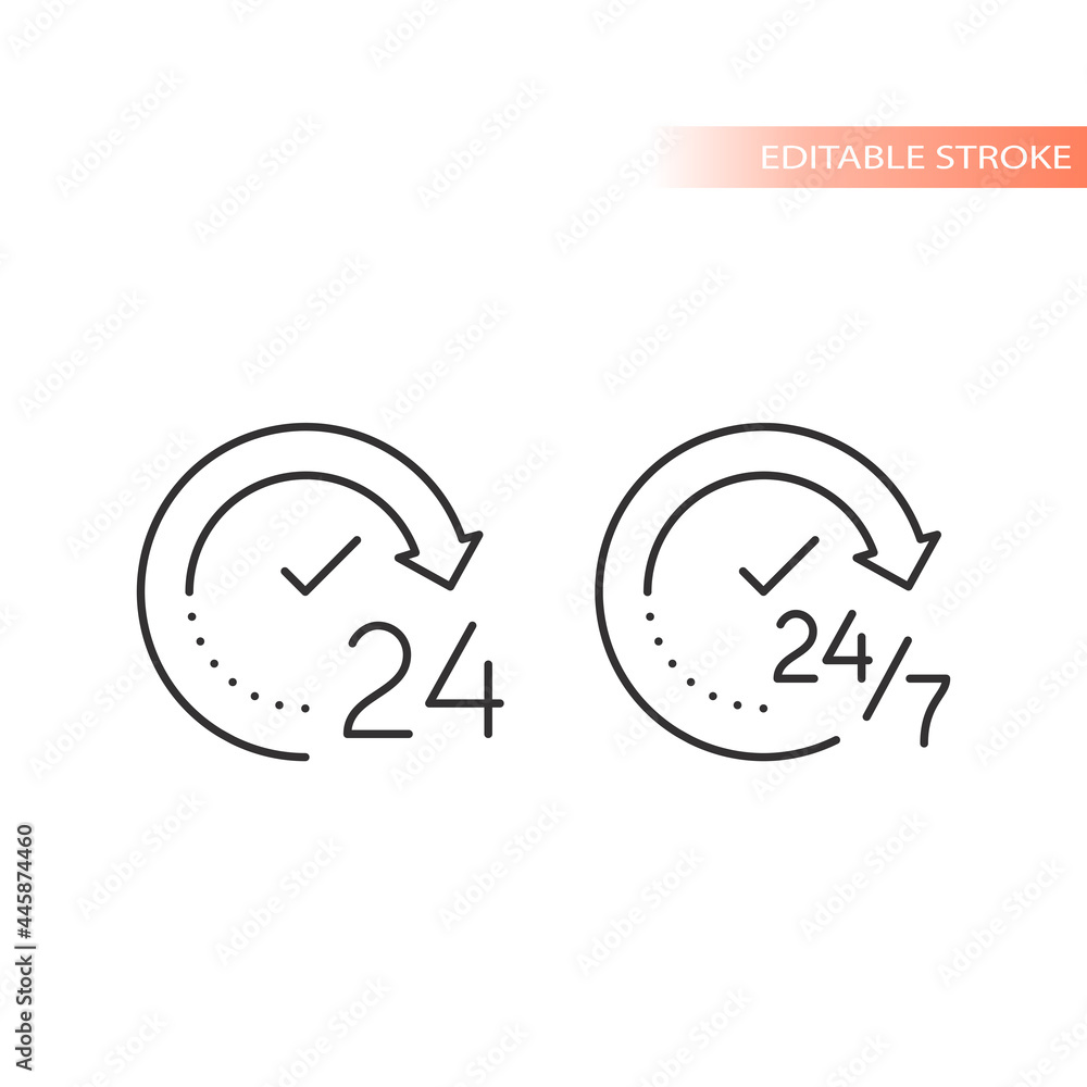 24 7 non stop arrow circle loop vector icon. Twenty four hour clock service editable stroke outline.