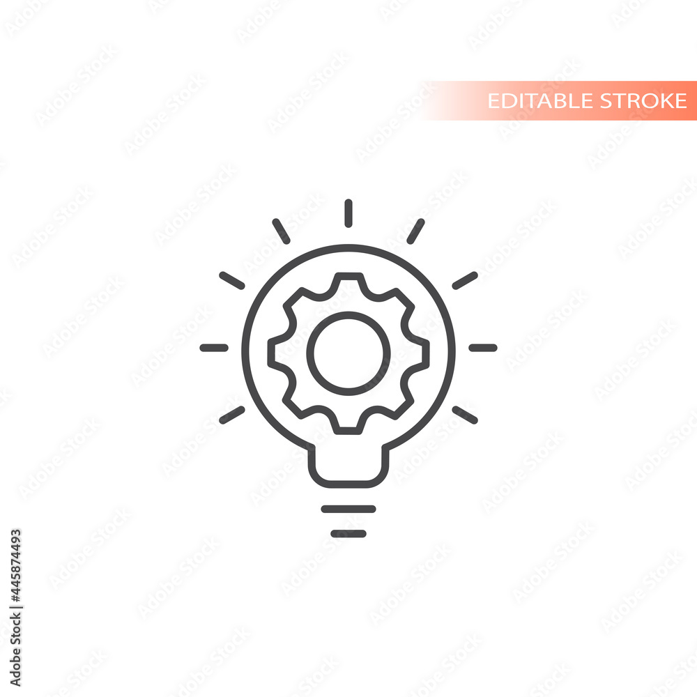Lightbulb and gear, idea concept icon. Light bulb and cogwheel symbol, editable stroke. Lightbulb and gear, idea concept icon. Light bulb and cogwheel symbol, editable stroke.