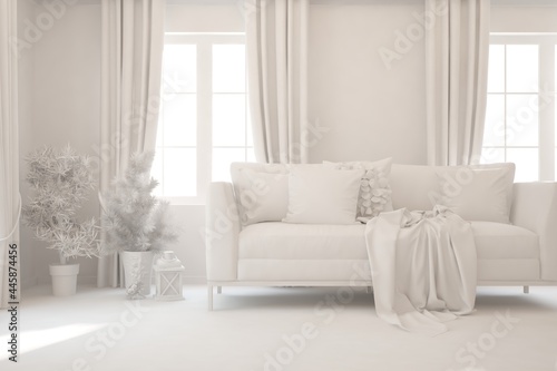 White minimalist living room with sofa. Scandinavian interior design. 3D illustration