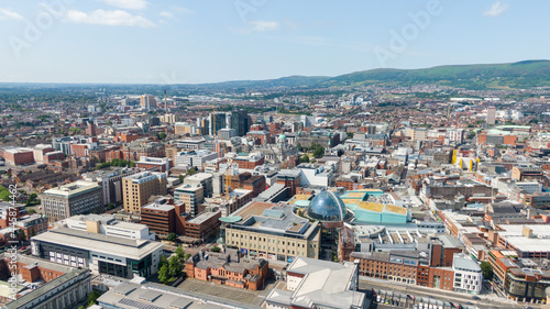 Aerial view on river and buildings in City center of Belfast Northern Ireland. Drone photo, high angle view of town