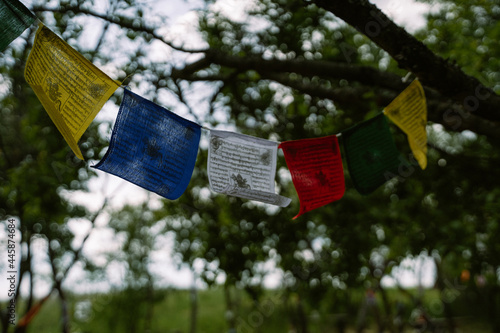 Tibetan prayer flags in the garden. Lung-ta flags buddhism tradition