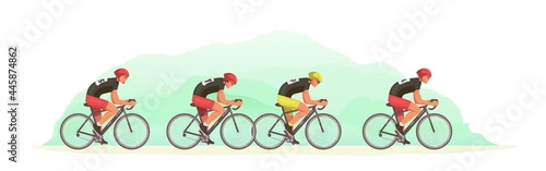 Cycling tournament. Cyclists chase the leader of the race. The head of the peloton. The cyclist is trying to break away from pursuers. Vector flat design banner panoramic illustration isolated