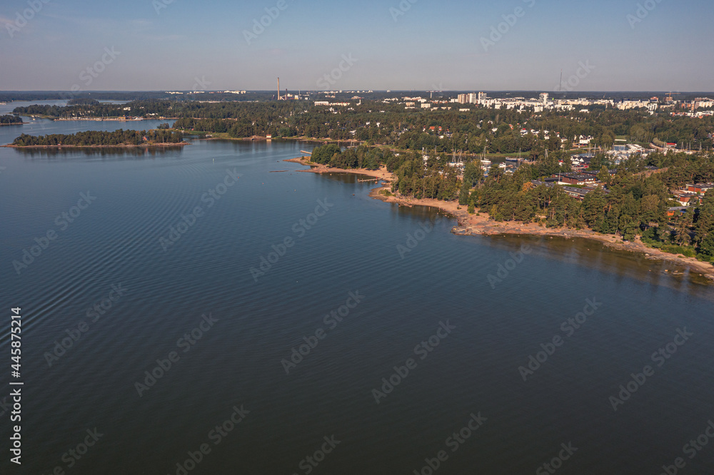 Finland Espoo. July 14, 2021. Photo from a drone on a sunny morning of the coastal part of the beach in the Gulf of Finland. Scandinavian nature