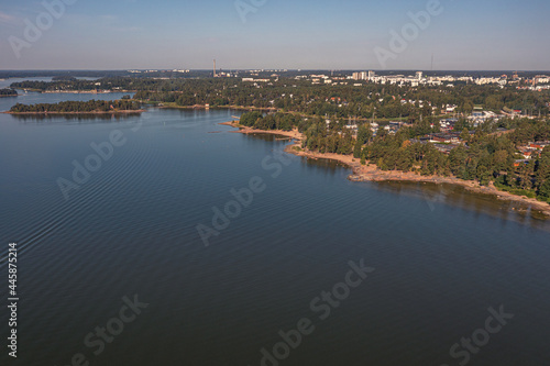 Finland Espoo. July 14  2021. Photo from a drone on a sunny morning of the coastal part of the beach in the Gulf of Finland. Scandinavian nature