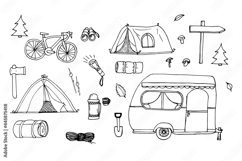 Set of doodle forestry camping design elements.Hand drawing elements of