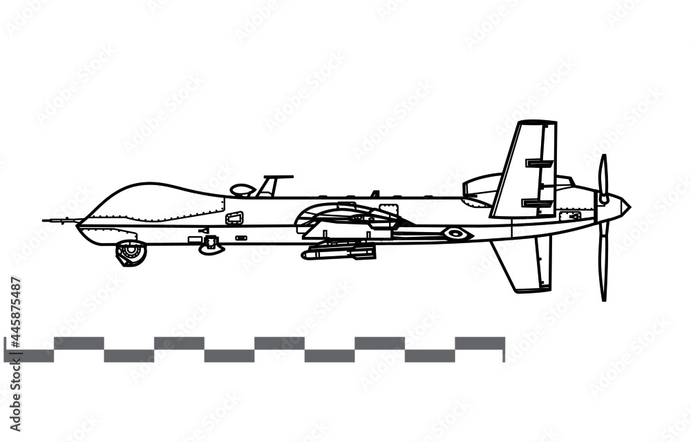 General Atomics MQ-9 Reaper. UCAV. Vector drawing of unmanned combat aerial vehicle. Side view. Image for illustration and infographics. General Atomics MQ-9 Reaper. UCAV. Vector drawing of unmanned combat aerial vehicle. Side view. Image for illustration and infographics.