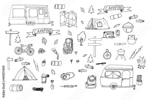 Set of doodle forestry camping design elements. Camping and tourism elements isolated on white background. A cute background full of icons, perfect for flyers, posters, summer camps, travel companies.