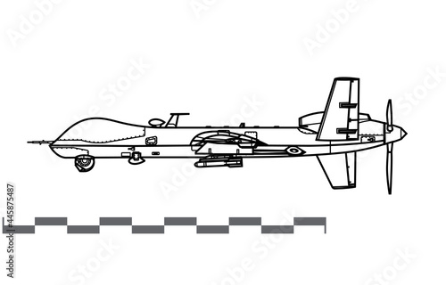General Atomics MQ-9 Reaper. UCAV. Vector drawing of unmanned combat aerial vehicle. Side view. Image for illustration and infographics.