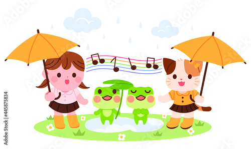 A girl with an umbrella and a kitten looking at a singing frog. Kindergarten concept character vector illustration.