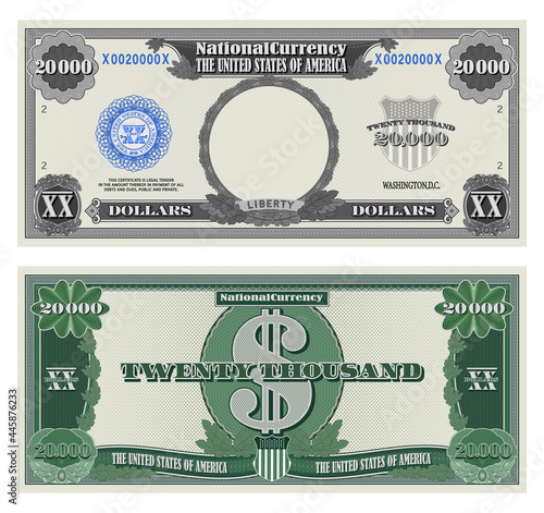 Fictional paper money USA 20,000 dollars. Obverse and reverse of banknote. Empty oval. Guilloche mesh and frame