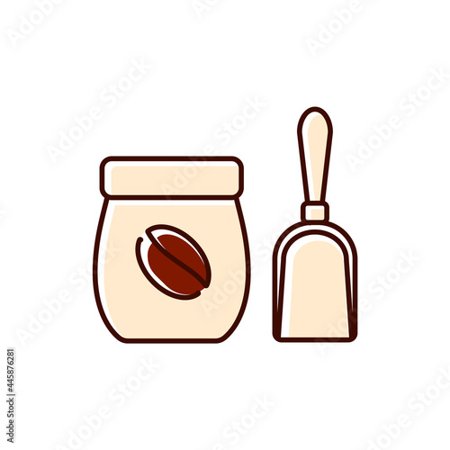 Coffee sacs with scoop and beans cartoon icon. Color filled symbol. Isolated vector illustration